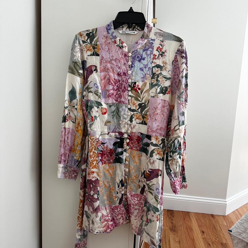 Zara Floral Patchwork Long Sleeve Linen Dress